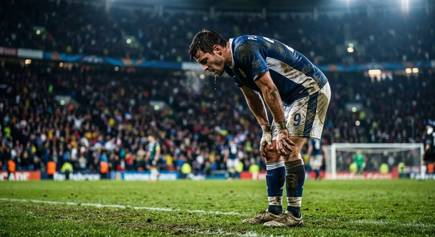 Müder Fussballspieler stützt sich nach der Verlängerung eines WM-Spiels auf die Knie