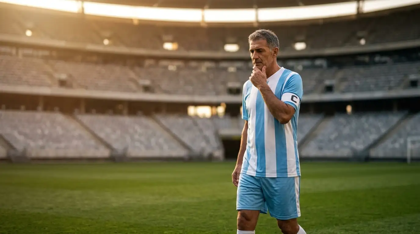Ein erfahrener Superstar-Kapitän geht nachdenklich über den Rasen eines grossen Stadions