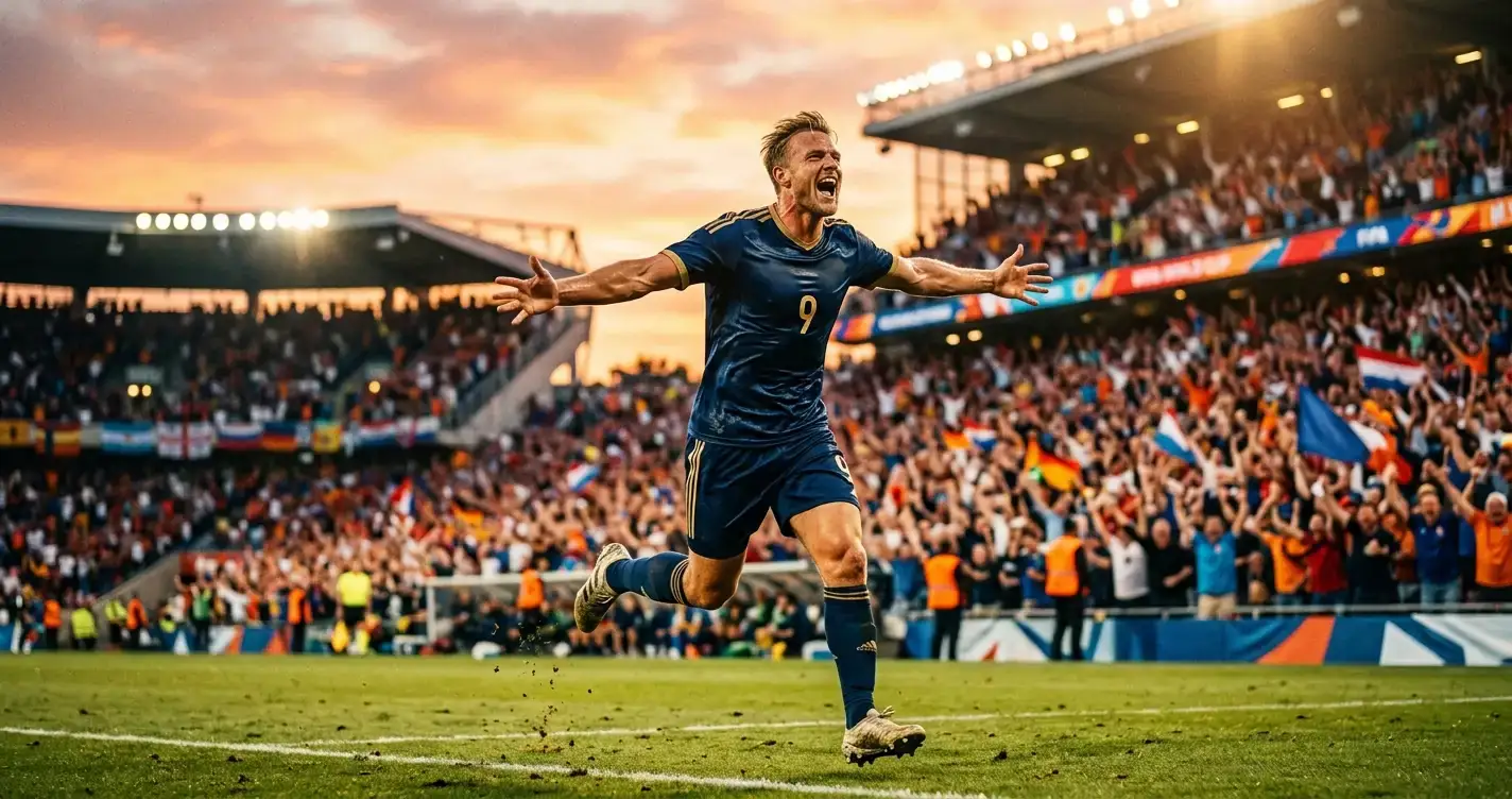 Stürmer feiert ein Tor vor der Fankurve bei einem WM-Spiel in der Abendsonne