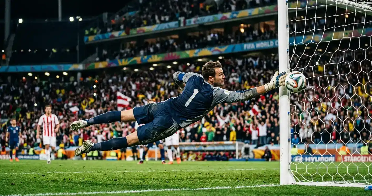 Torwart pariert einen Elfmeter bei einem WM-K.o.-Spiel