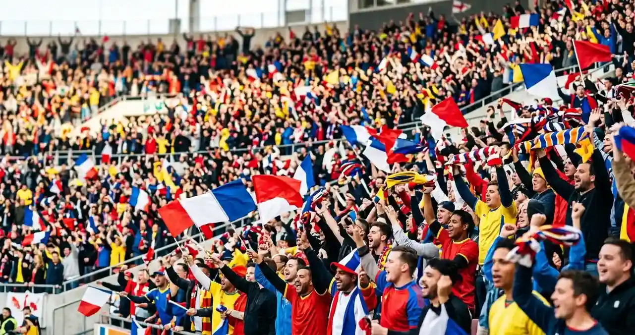 Volle Tribüne mit jubelnden Fans in einem WM-Stadion
