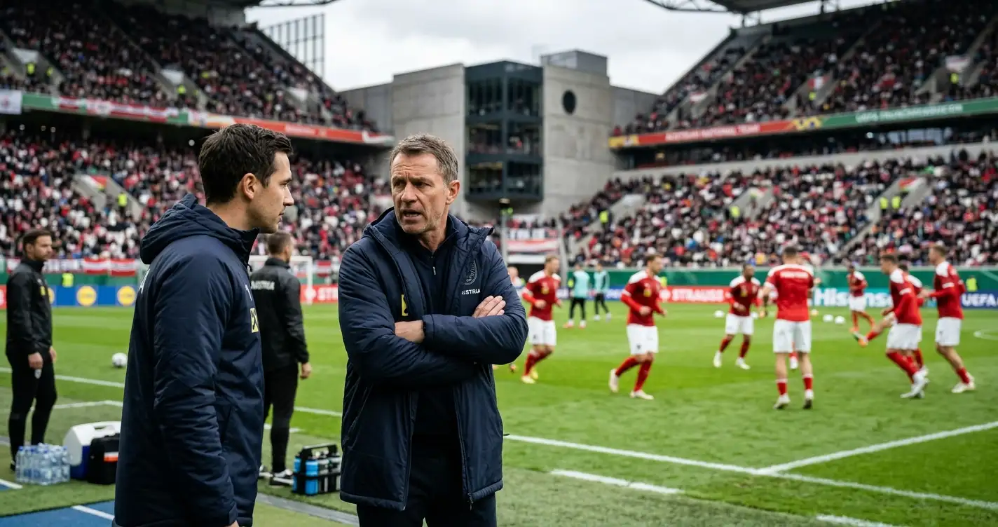 Österreichischer Trainer und Spieler in der Coaching-Zone während eines Gruppenspiels