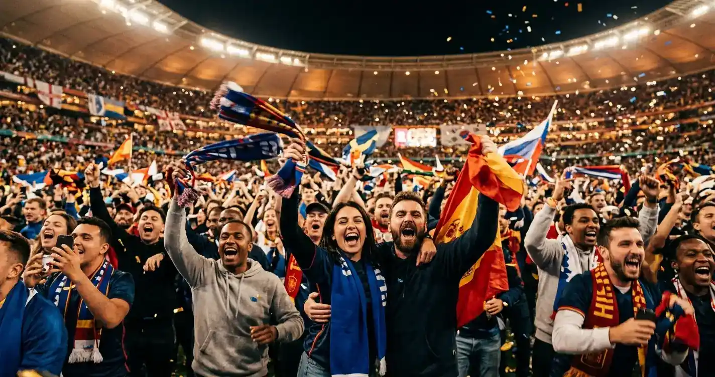 Fans feiern in einem ausverkauften WM-Stadion nach einem dramatischen Elfmeterschiessen