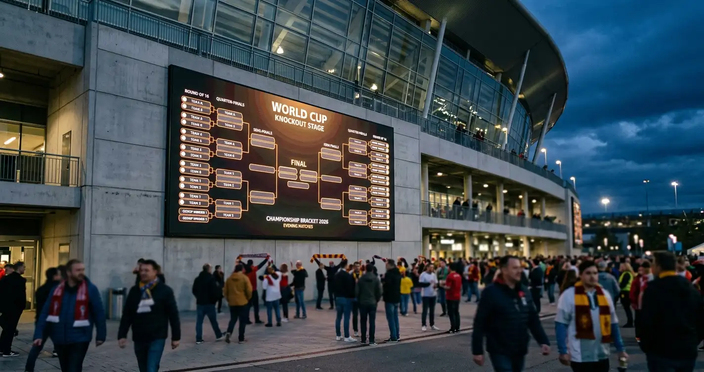 WM-Bracket-Tafel mit Pfeilen und Mannschaftslogos in einer Stadionumgebung