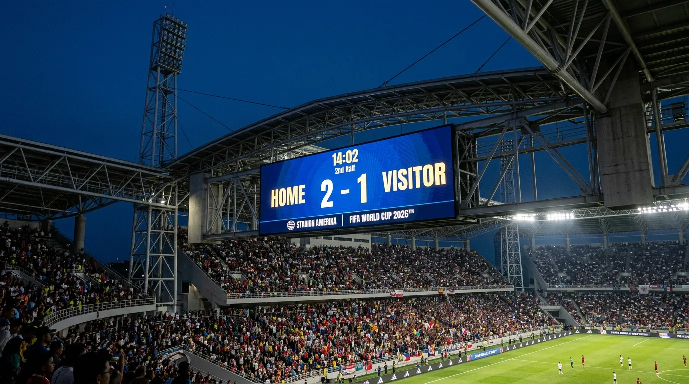 Grosse Anzeigetafel in einem modernen Fussballstadion mit Spielstand und Flutlichtmasten bei Abenddämmerung