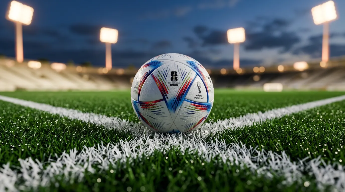 Fussball auf dem Rasen eines Stadions mit Kreidelinien und Flutlicht im Hintergrund