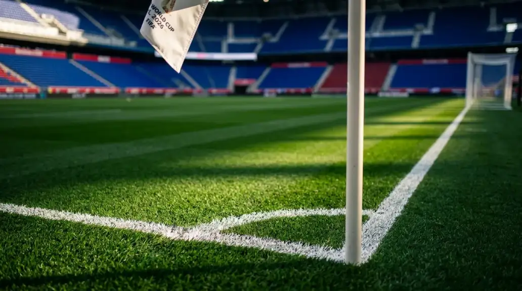 Detailaufnahme des gepflegten Rasens eines WM-Stadions mit weissen Spielfeldmarkierungen und Eckfahne