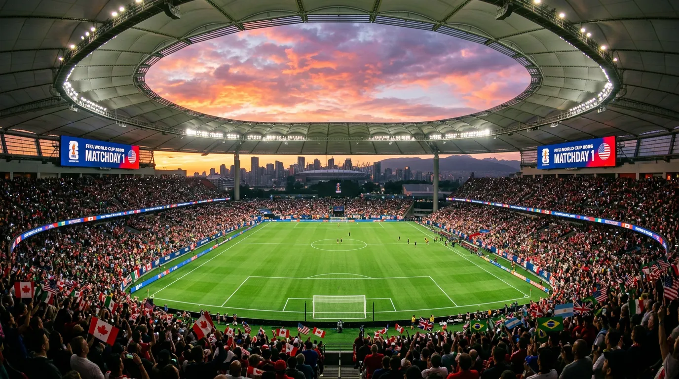 Panoramablick auf ein WM-2026-Stadion in den USA bei Sonnenuntergang mit Fussballfeld und gefüllten Zuschauerrängen
