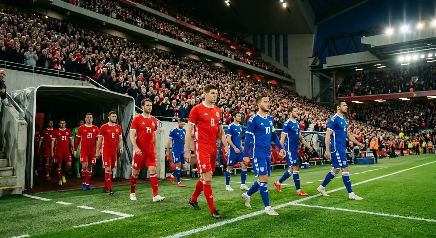 Zwei gegnerische Fussballmannschaften betreten das Spielfeld vor einem WM-Halbfinale