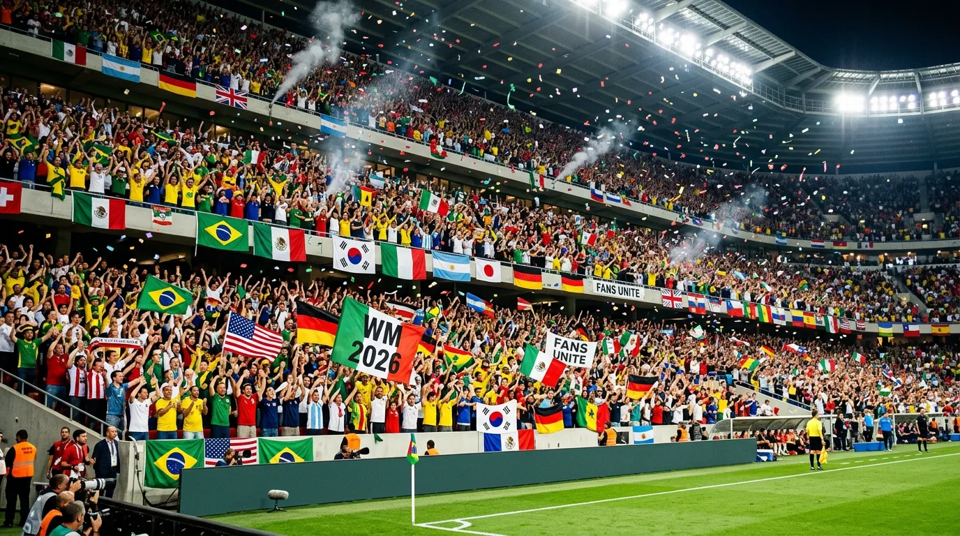 Volle Zuschauertribüne mit Fans in verschiedenen Nationalfarben während eines WM-Gruppenspiels