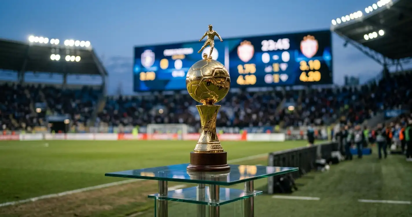 WM-Pokal vor einer Anzeigetafel mit Outright-Quoten zu WM-Mannschaften